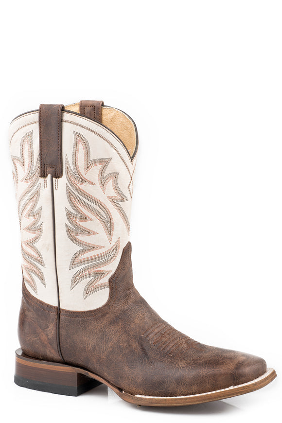 MENS BURNISHED BROWN LEATHER VAMP SQUARE TOE BOOT WITH CRACKLE WHITE LEATHER SHAFT