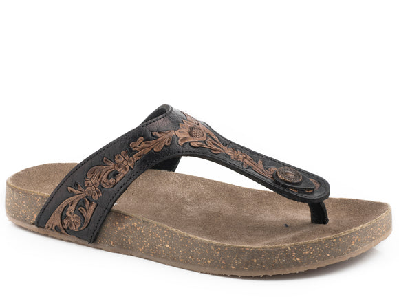 WOMENS BLACK WITH BROWN TOOLED FLOWERS
