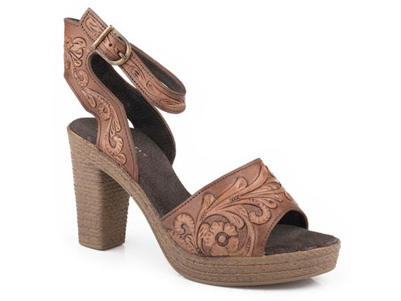 WOMENS TWO TONE TAN TOOLED SANDAL