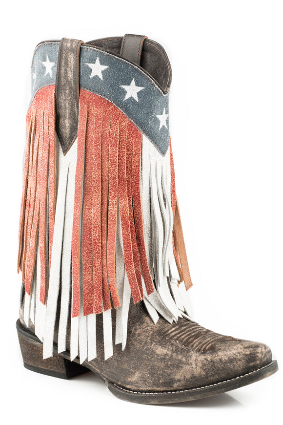 WOMENS LEATHER COWBOY BOOT SANDED VINTAGE BROWN VAMP WITH RED AND WHITE FRINGE AND STAR CROWN