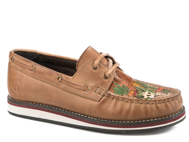 WOMENS LACE UP MOCCASIN BROWN BURNISHED LEATHER WITH PAINTED HANDTOOLED VAMP DESERT SCENE