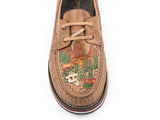 WOMENS LACE UP MOCCASIN BROWN BURNISHED LEATHER WITH PAINTED HANDTOOLED VAMP DESERT SCENE