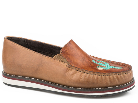 WOMENS SLIP ON MOCCASIN TAN BURNISHED LEATHER WITH HANDTOOLED CACTUS VAMP