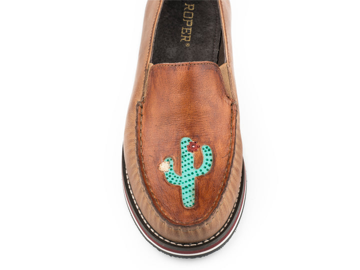 WOMENS SLIP ON MOCCASIN TAN BURNISHED LEATHER WITH HANDTOOLED CACTUS VAMP