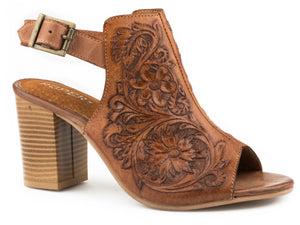 WOMENS FASHION MULE TAN FLORAL TOOLED LEATHER WITH OPEN TOE AND BACK STRAP