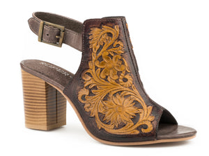 WOMENS FASHION MULE BROWN FLORAL TOOLED LEATHER WITH OPEN TOE AND BACK STRAP