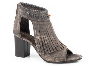 WOMENS SANDED BROWN LEATHER WITH FRINGE FASHION OPEN TOE MULE