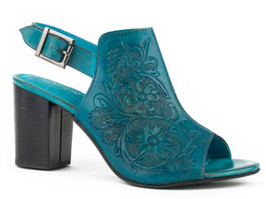 WOMENS FASHION MULE TURQUOISE FLORAL TOOLED LEATHER WITH OPEN TOE AND BACK STRAP