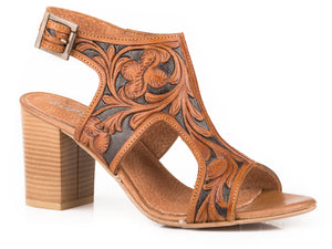 WOMENS TAN FLORAL TOOLED LEATHER FASHION OPEN TOE SANDAL