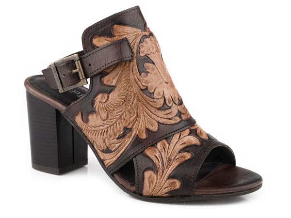 WOMENS ROPER BROWN AND TAN TOOLED LEATHER MIKA BACKSTRAP SANDAL