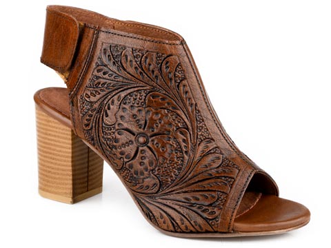 WOMENS ROPER BROWN TOOLED OPEN TOE LEATHER MIKA VELCRO SANDAL