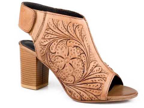 WOMENS ROPER TAN TOOLED OPEN TOE LEATHER MIKA VELCRO SANDAL