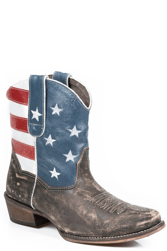 WOMENS LEATHER ANKLE BOOT AMERICAN FLAG WITH DISTRESSED BROWN VAMP