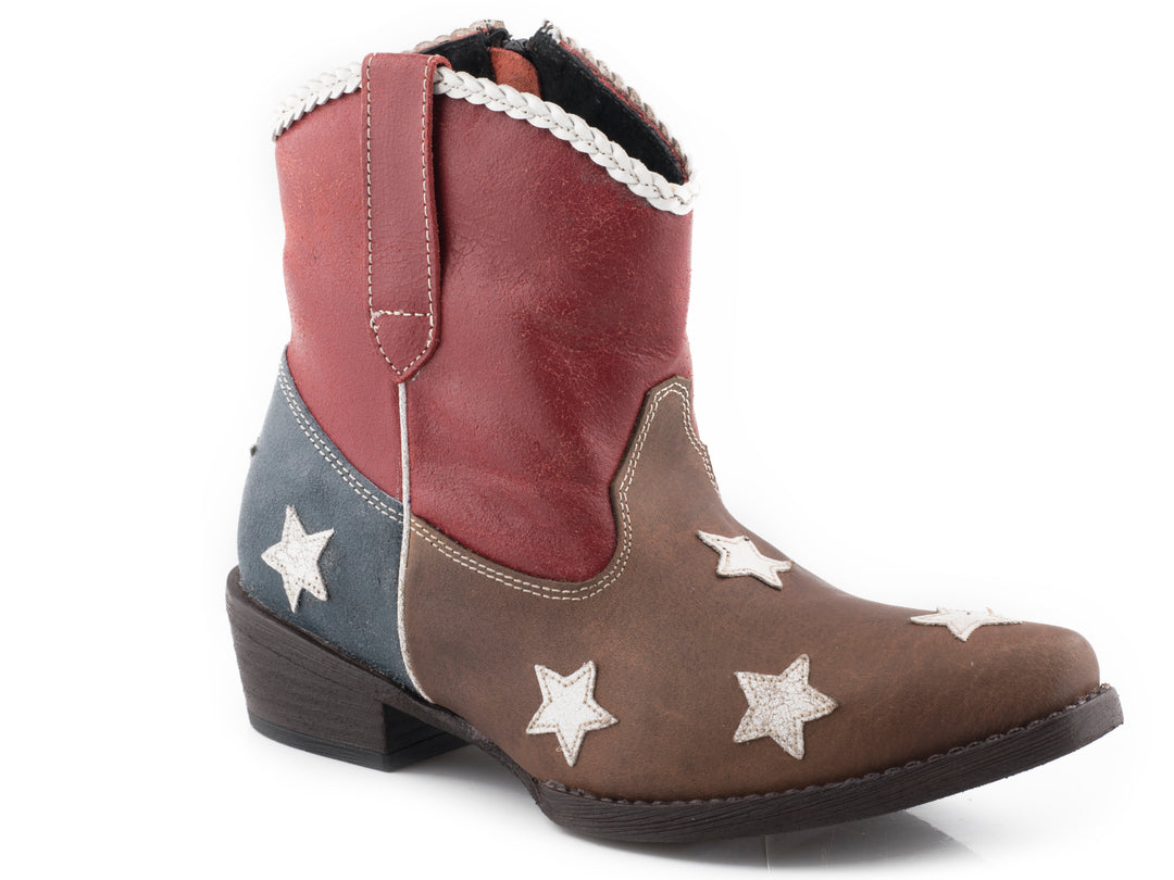 WOMENS BROWN VAMP NAVY HEEL AND RED SHAFT