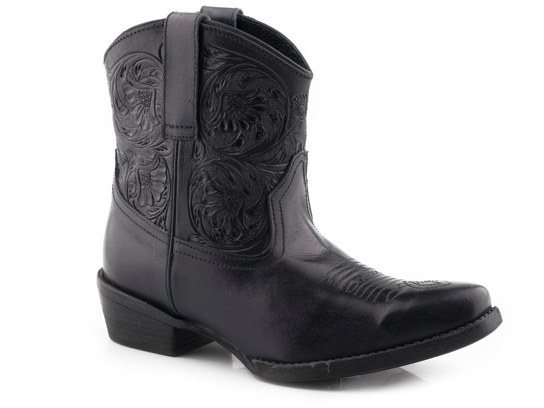 WOMENS BLACK VAMP WITH TOOLED SHAFT