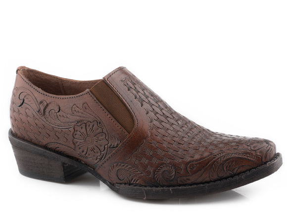 WOMENS BROWN ALL-OVER TOOLED SLIP ON