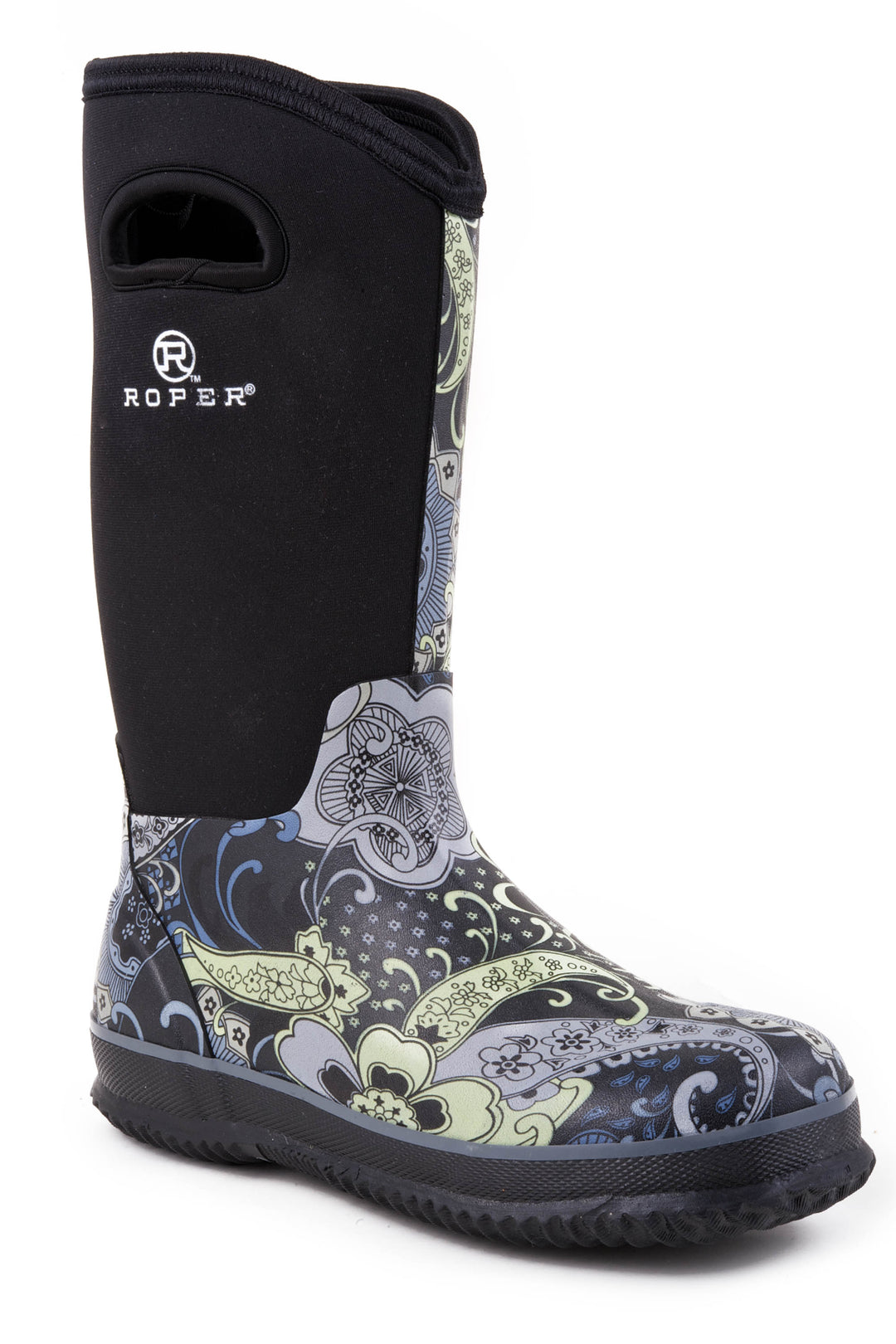 WOMENS BARN BOOT PAISLEY PRINT WITH BLACK NEOPRENE UPPER