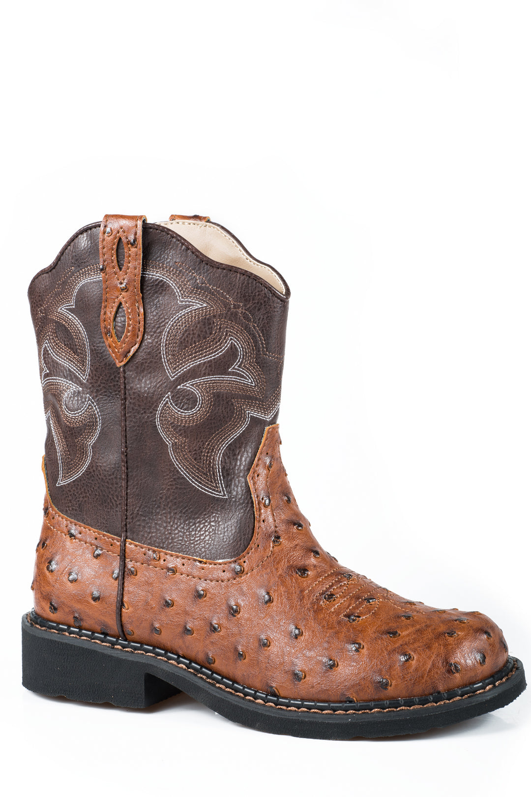 WOMENS CHUNK RIDER BOOT TAN FAUX OSTRICH LEATHER VAMP BROWN UPPER