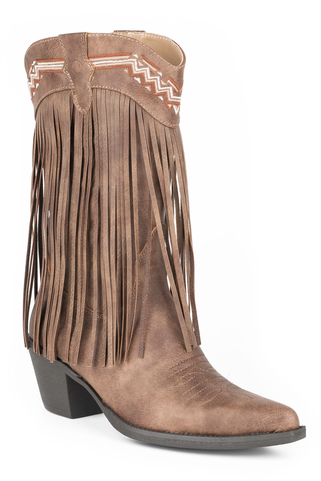 WOMENS FASHION COWBOY BOOT BROWN FAUX LEATHER FRING AND EMBROIDERED DESIGN
