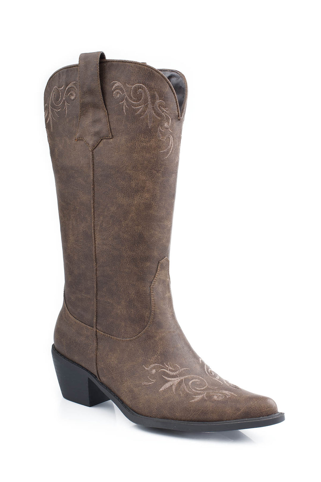 WOMENS FASHION COWBOY BOOT TAN ANTIQUED FAUX LEATHER WITH SCROLL EMBOIDERY