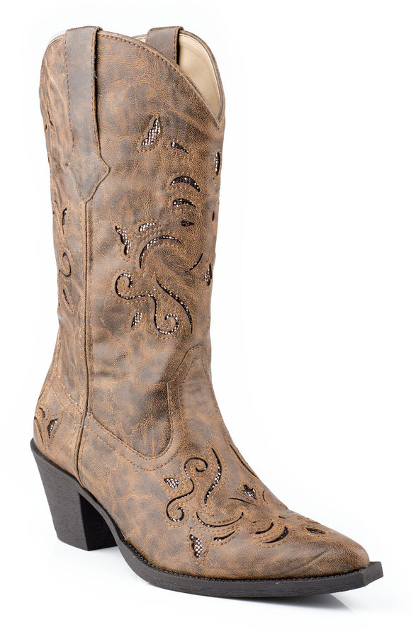 WOMENS FASHION COWBOY BOOT TAN FAUX LEATHER WITH GLITTER UNDERLAY