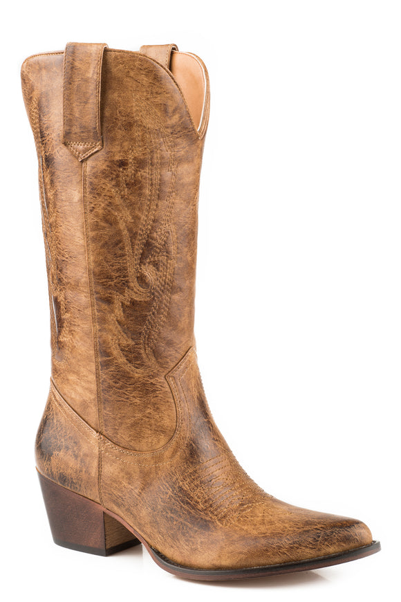 WOMENS FASHION COWBOY BOOT BURNISHED TAN FAUX LEATHER WITH ALL OVER EMBROIDERY