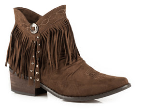 WOMENS FASHION SHORTY BOOT BROWN SUEDE FAUX LEATHER WITH FRINGE AND CONCHO STUDS