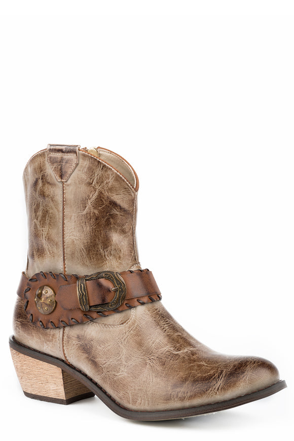 WOMENS FASHION SHORTY BOOT BURNISHED TAUPE FAUX LEATHER WITH ANTIQUE BRASS BUCKLE AND CONCHO