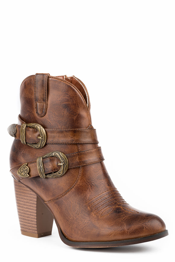 WOMENS FASHION SHORTY BOOT BURNISHED COGNAC FAUX LEATHER WITH TWO BELTS