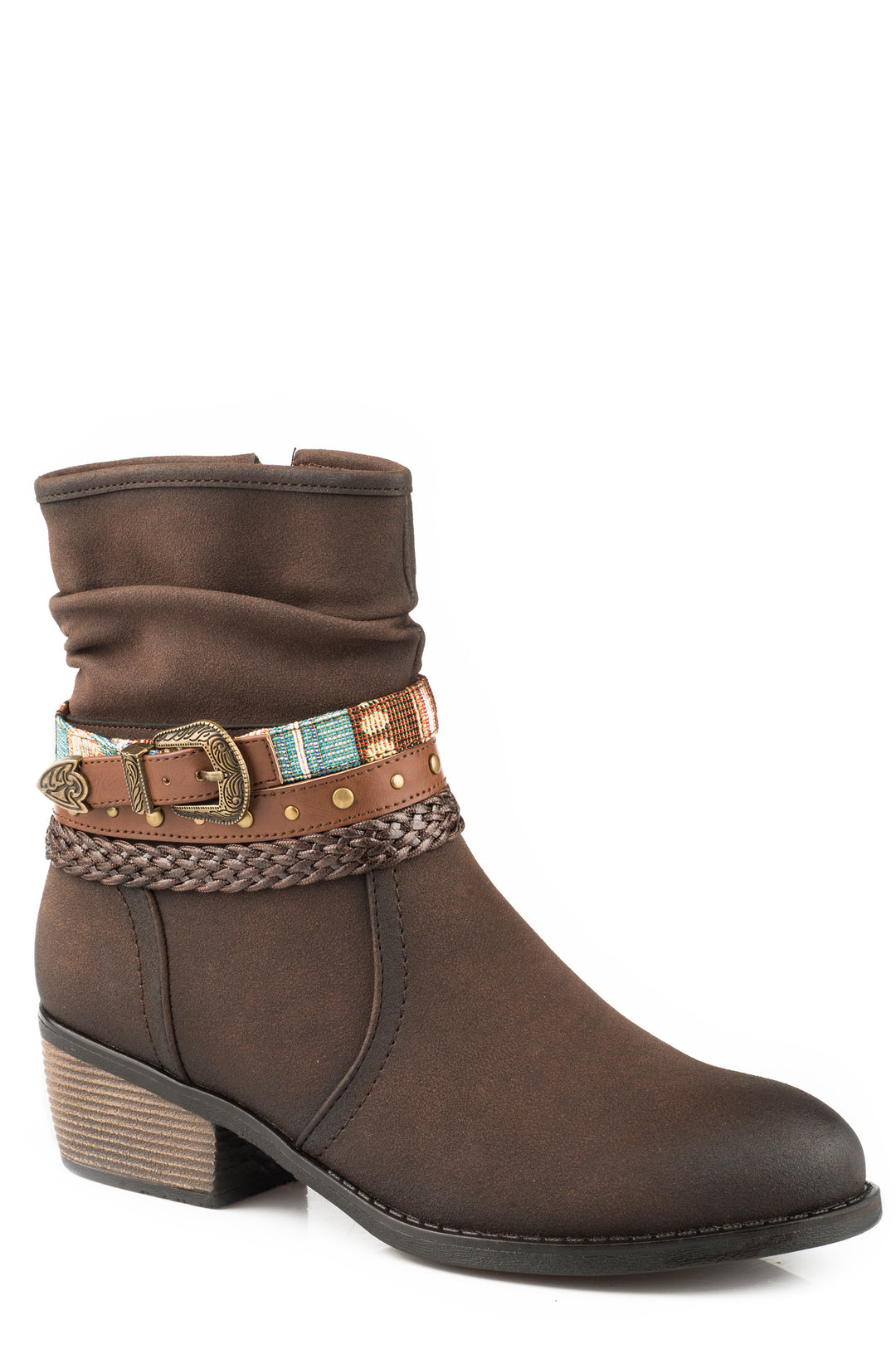 WOMENS FASHION SHORTY BOOT BURNISHED BROWN FAUX LEATHER WITH BELT AND TWO BANDS