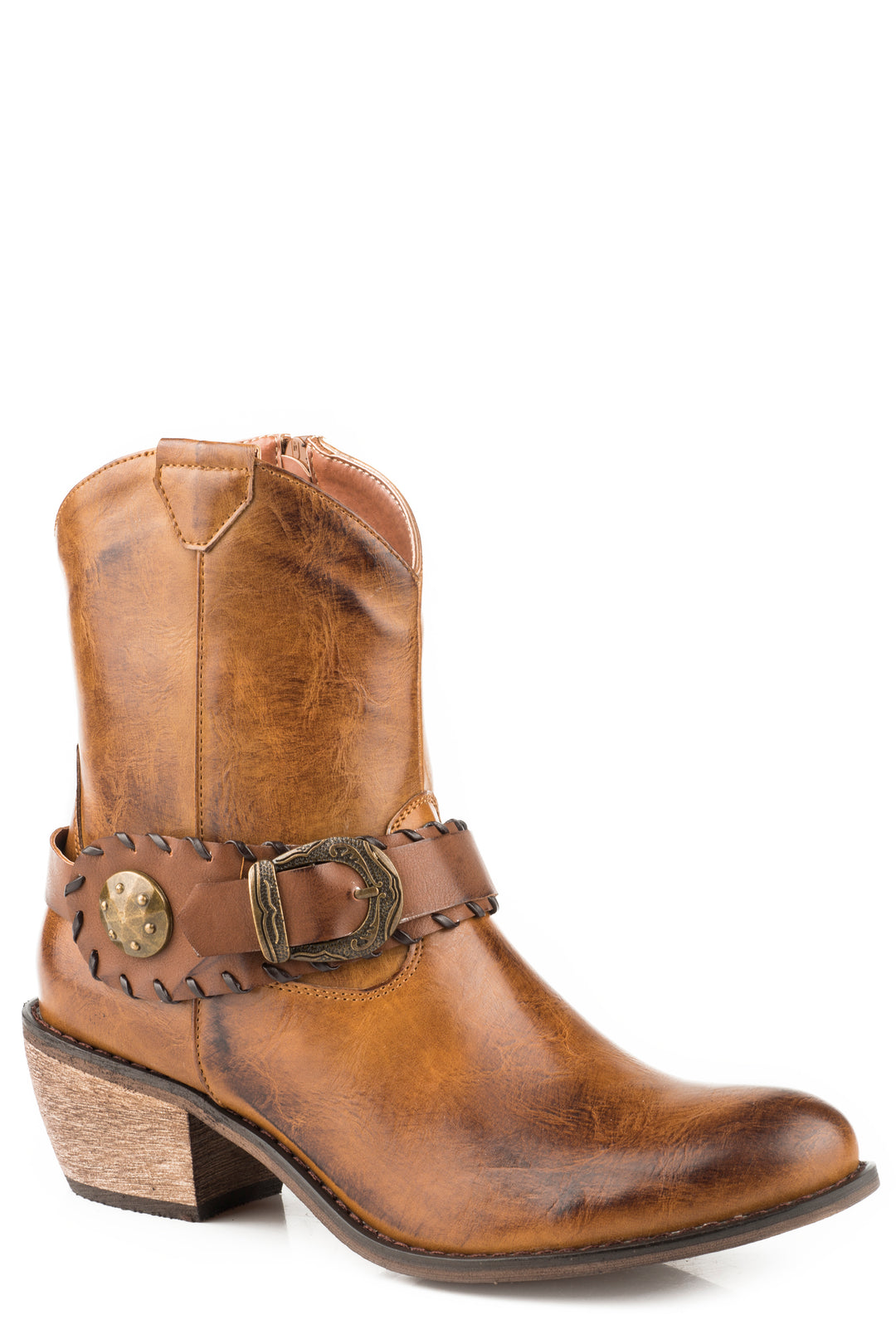 WOMENS FASHION SHORTY BOOT BURNISHED BROWN FAUX LEATHER WITH ANTIQUE BRASS BUCKLE AND CONCHO