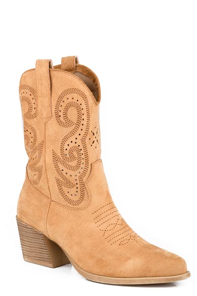 WOMENS TAN FAUX SUEDE FASHION ANKLE BOOT