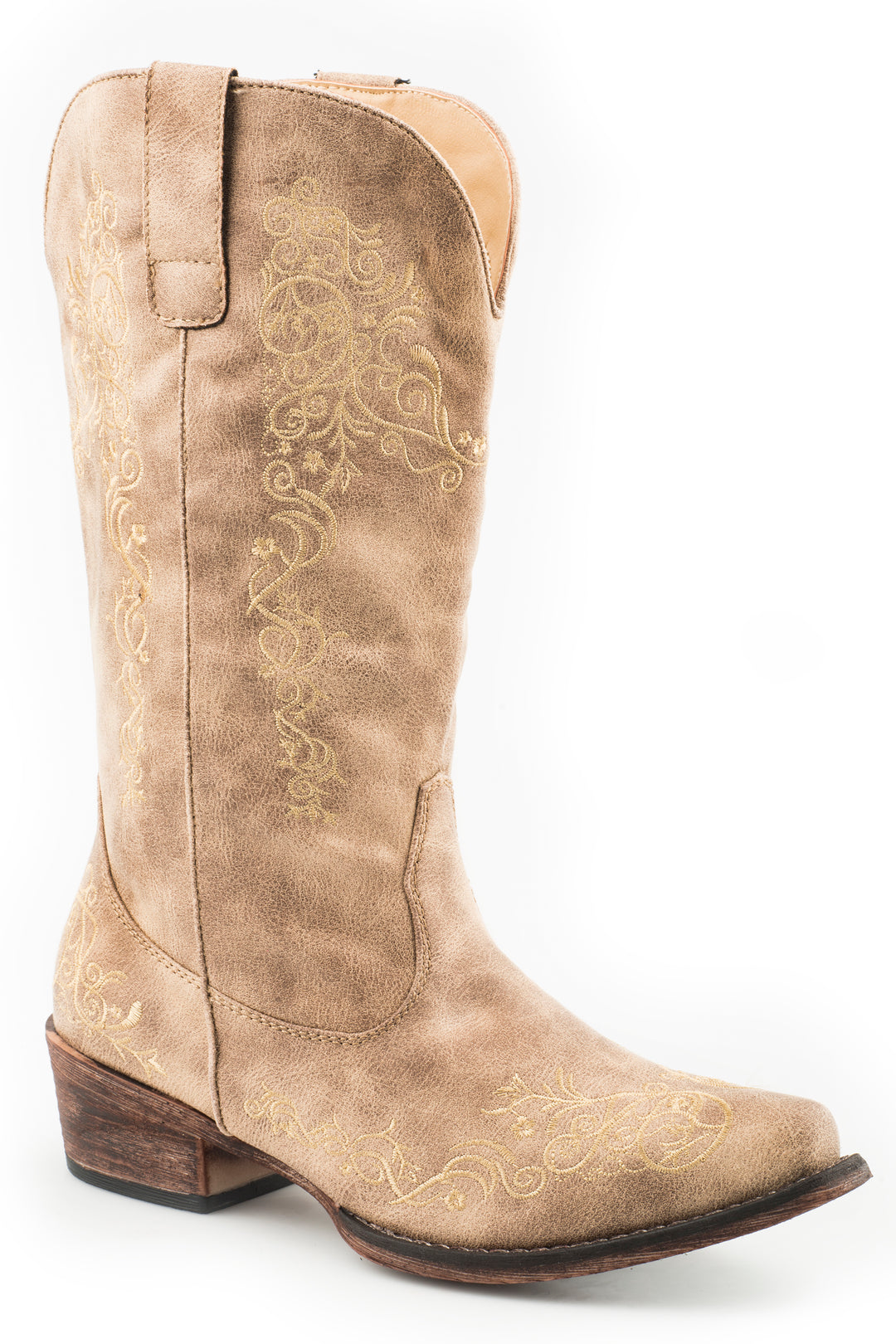 WOMENS FASHION COWBOY BOOT VINTAGE BEIGE FAUX LEATHER AND ALL OVER EMBROIDERY
