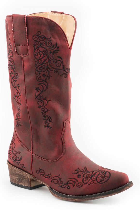 WOMENS FASHION COWBOY BOOT VINTAGE RED FAUX LEATHER AND ALL OVER EMBROIDERY