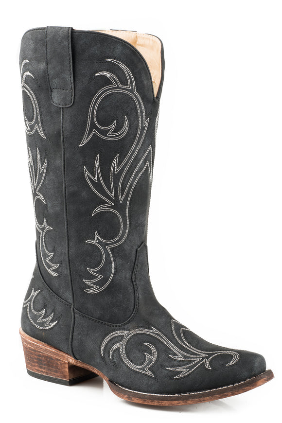 WOMENS FASHION COWBOY BOOT BLACK FAUX LEATHER AND ALL OVER EMBROIDERY