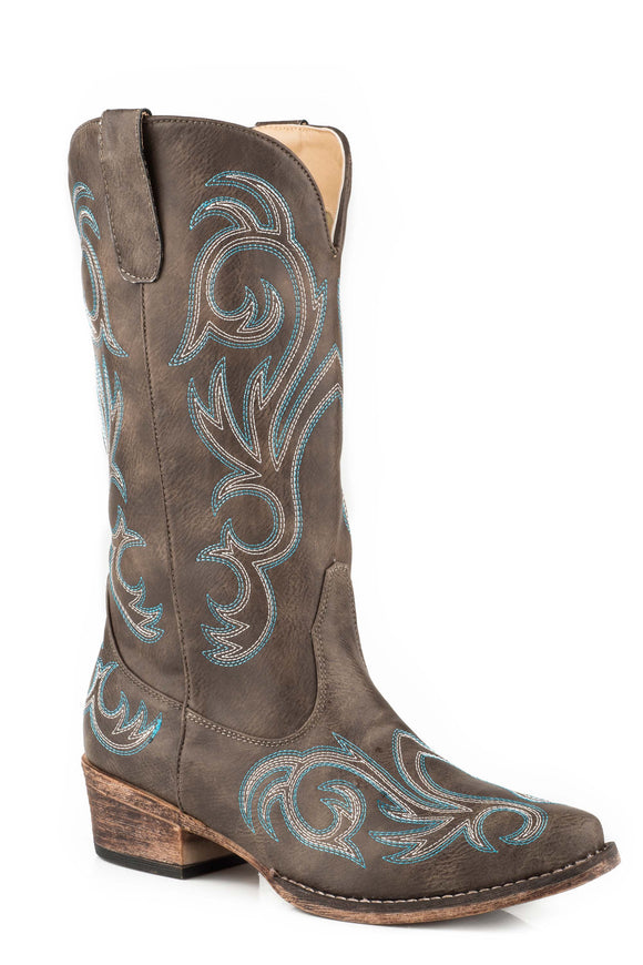 WOMENS FASHION COWBOY BOOT VINTAGE BROWN FAUX LEATHER WITH WESTERN EMBROIDERY