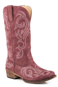 WOMENS FASHION COWBOY BOOT VINTAGE RASPBERRY FAUX LEATHER WITH WESTERN EMBROIDERY