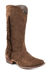 WOMENS FASHION COWBOY BOOT BROWN FAUX LEATHER WITH SIDE FRINGE AND WING TIP AND CROWN OVERLAY