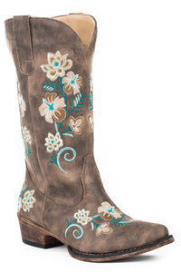 WOMENS FASHION COWBOY BOOT VINTAGE BROWN FAUX LEATHER WITH ALL OVER FLORAL EMBROIDERY