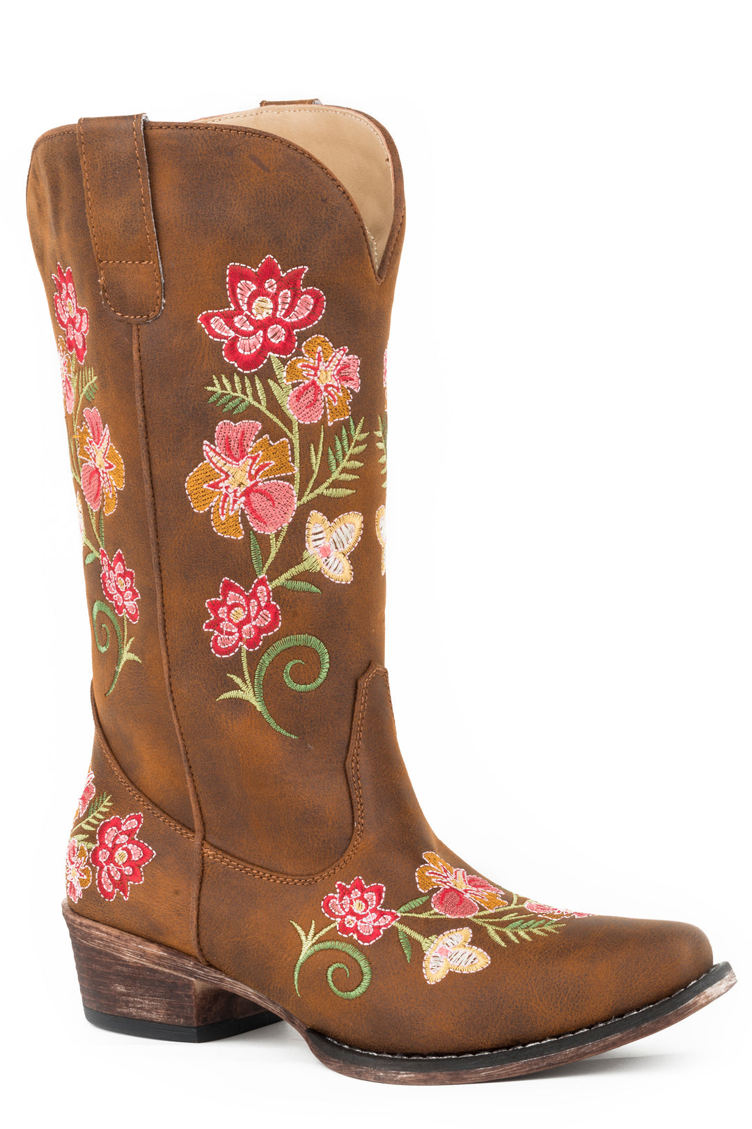 WOMENS FASHION COWBOY BOOT VINTAGE COGNAC FAUX LEATHER WITH ALL OVER FLORAL EMBROIDERY