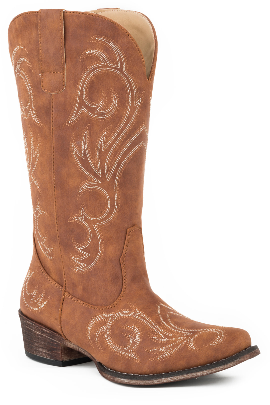 WOMENS FASHION COWBOY BOOT COGNAC FAUX LEATHER WITH ALL OVER EMBROIDERY