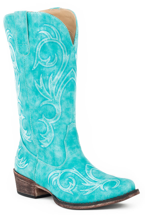 WOMENS FASHION COWBOY BOOT TURQUOISE FAUX LEATHER WITH ALL OVER EMBROIDERY