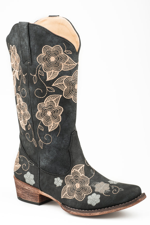 WOMENS VINTAGE BLACK FAUX LEATHER WITH FLORAL EMBROIDERY FASHION BOOT