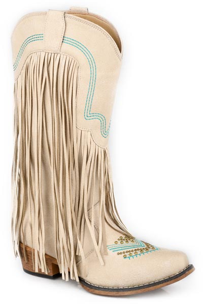 WOMENS ROPER WHITE FAUX LEATHER FRINGE BOOT DOLLY BOOTS