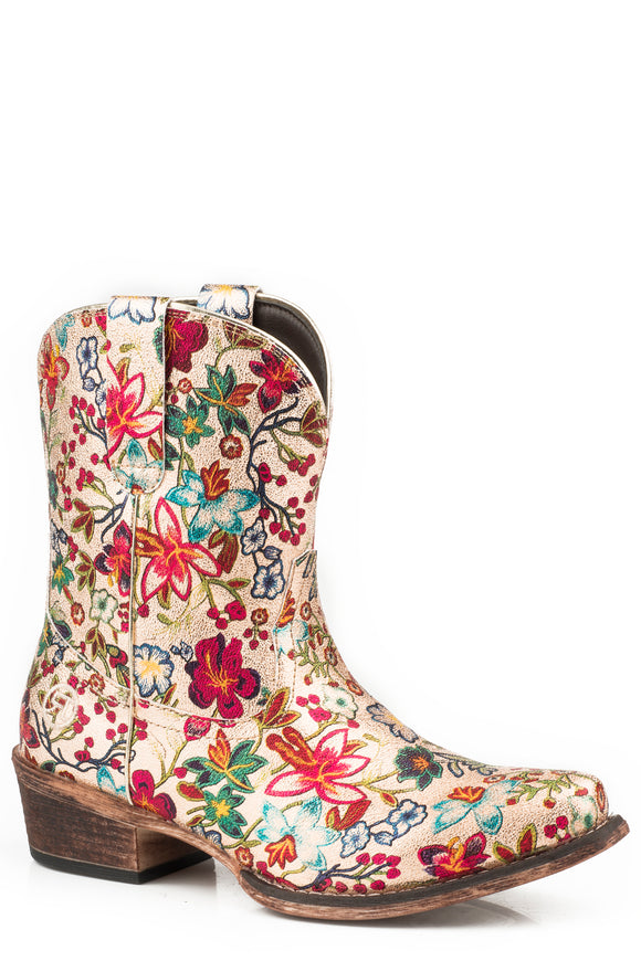 WOMENS FASHION SHORTY BOOT GOLD FLORAL PRINT FAUX LEATHER – Roper ...