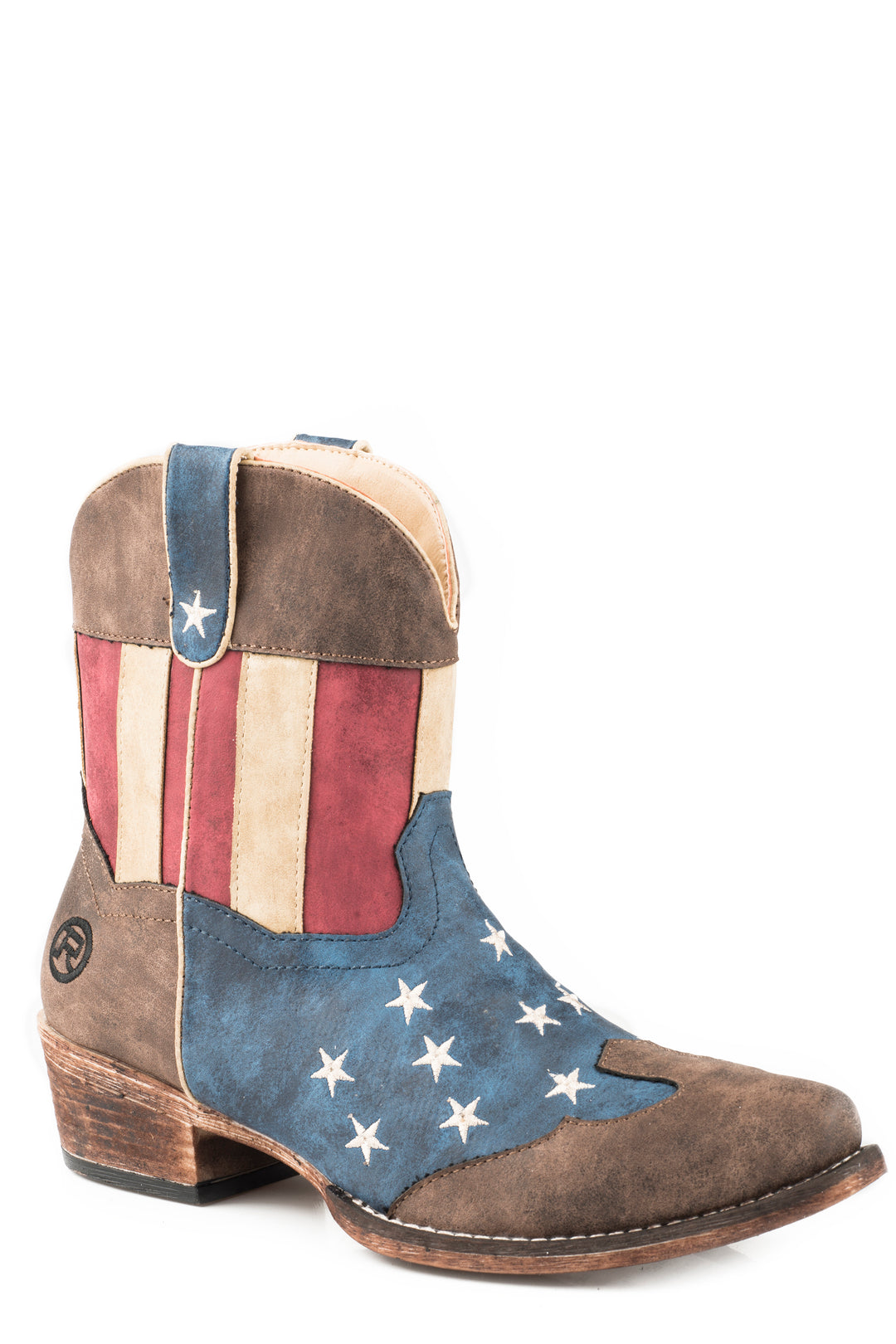 WOMENS FASHION SHORTY BOOT BROWN WITH RED WHITE AND BLUE DISTRESSED FAUX LEATHER