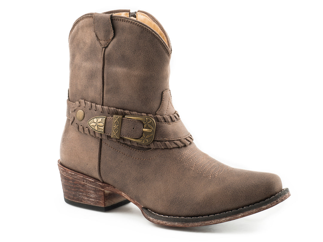 WOMENS FASHION SHORTY BOOT VINTAGE BROWN FAUX LEATHER WITH BUCKLE