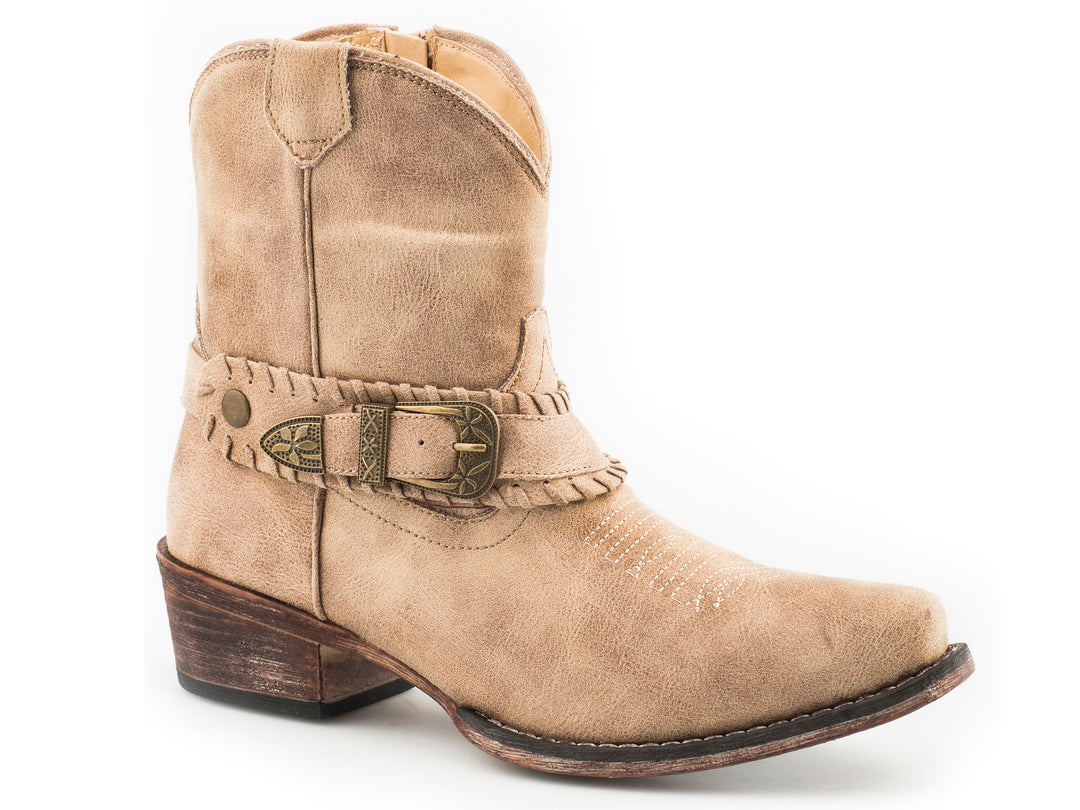 WOMENS FASHION SHORTY BOOT VINTAGE BEIGE FAUX LEATHER WITH BUCKLE