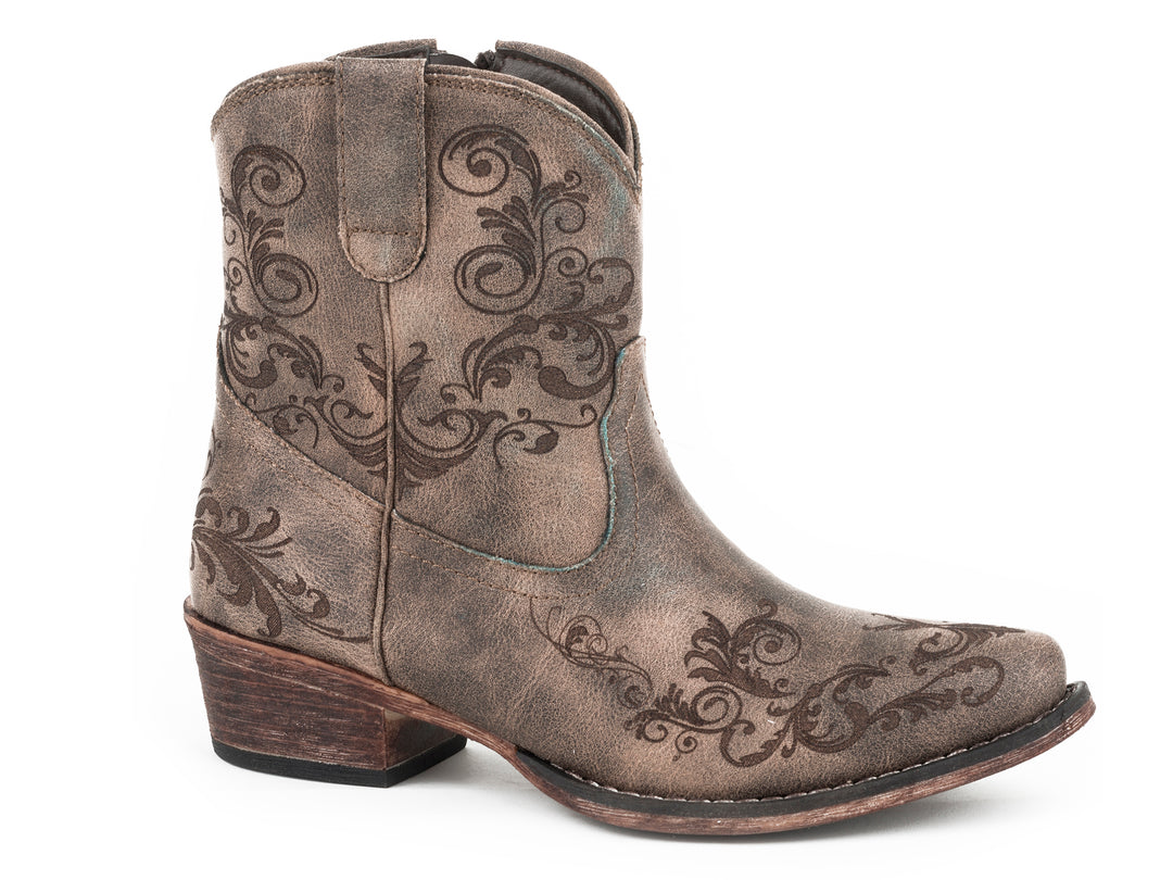WOMENS FASHION SHORTY BOOT VINTAGE BROWN FAUX LEATHER LASER WESTERN DESIGN