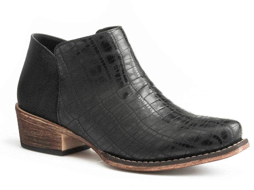 WOMENS FASHION ANKLE BOOT BLACK FAUX CAIMAN VAMP WITH SIDE ZIP